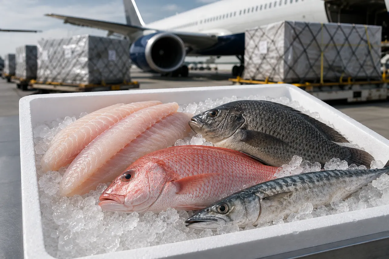 Fresh fish fillets and whole fish on ice beside an airfreight cargo plane