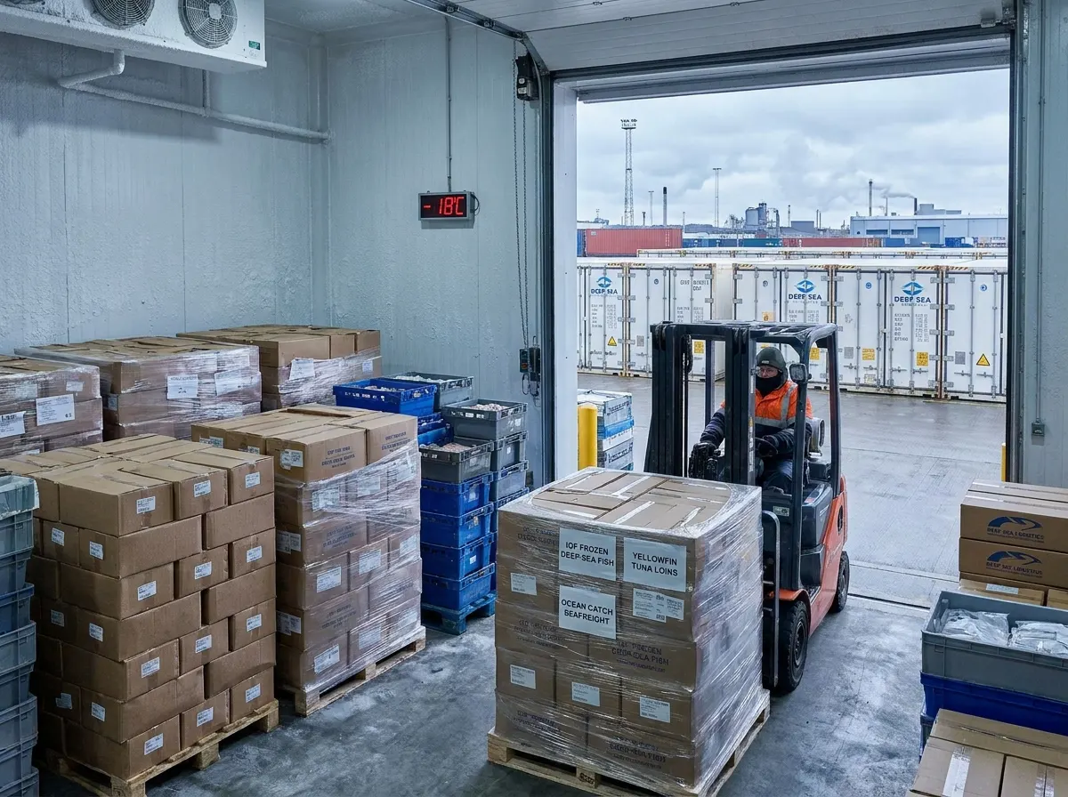 Cold-storage facility with IQF frozen deep-sea fish pallets and reefer containers